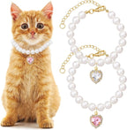 2pcs Cat Dog Pearl Collar, Small Heart Shape Rhinestone Pet Necklace, by Unknown
