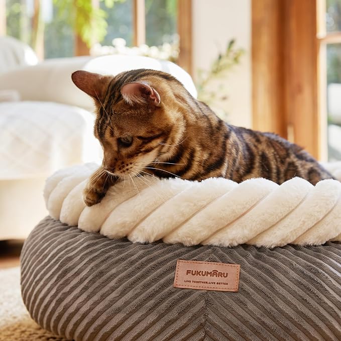 FUKUMARU Cat Bed, Calming Donut Dog Beds, Plush Faux Fur&Corduroy Cat Beds - Image 8
