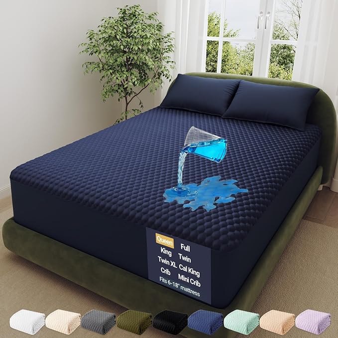 OhGeni 100% Waterproof Mattress Protector, Queen-Navy Blue Size Mattress Pad by OhGeni