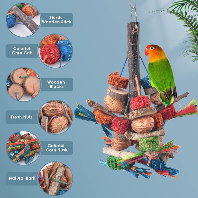 Bissap Bird Chew Toys, Natural Bark Corncob Nuts Parrot Toys and Treats - Image 3