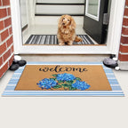 Tinideya 2 Pcs Hydrangea Door Mat Blue and White Stripe Welcome Non Slip Flower - Image 5