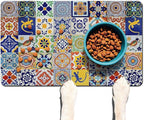 Moroccan Trellis Dog Food & Water Mat, Mexican Talavera Boho Colorful Pet - Image 2