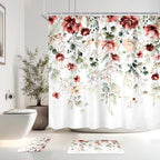 4 PCS Red Burgundy Floral Flower Shower Curtain Set 72Wx72H Inch Watercolor by Ufeela