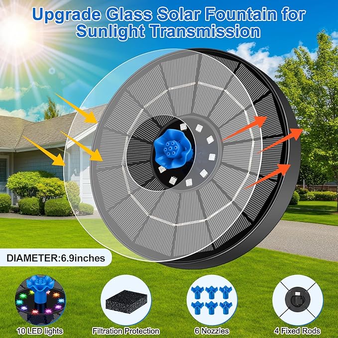 Solar Fountain Pump with 3 Spray Height Adjustments, Upgraded Glass Solar Bird - Image 5