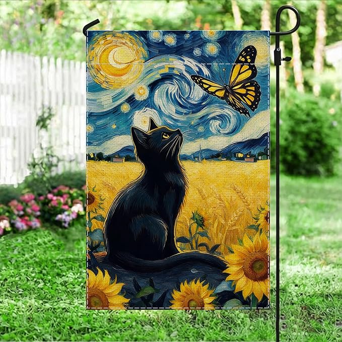 Spring Summer Garden Flag Van Gogh Starry Night Black Cat Banner - Image 3