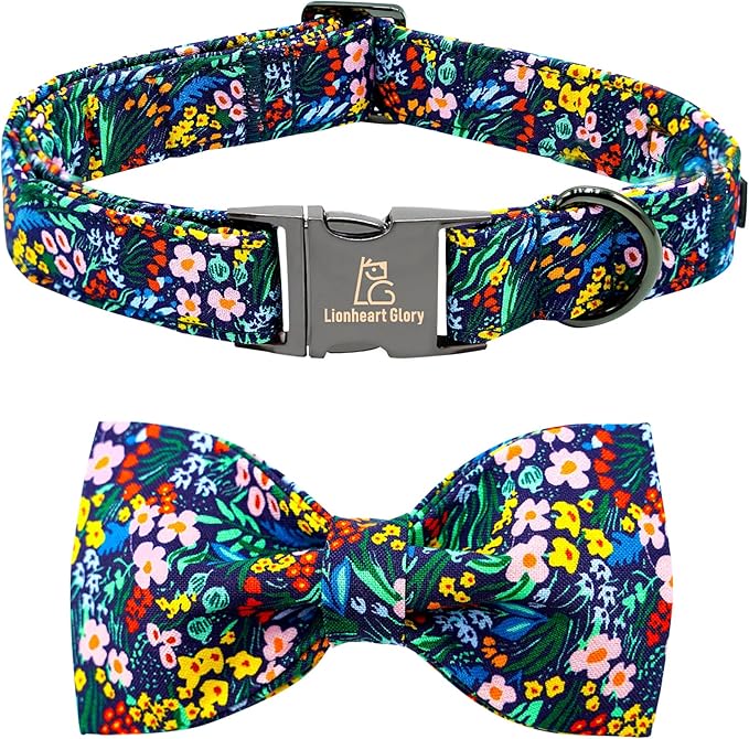 Lionheart glory Dog Collar Darkblue Flower Dog Bow Collars Floral Dog Collar by LionheartGlory