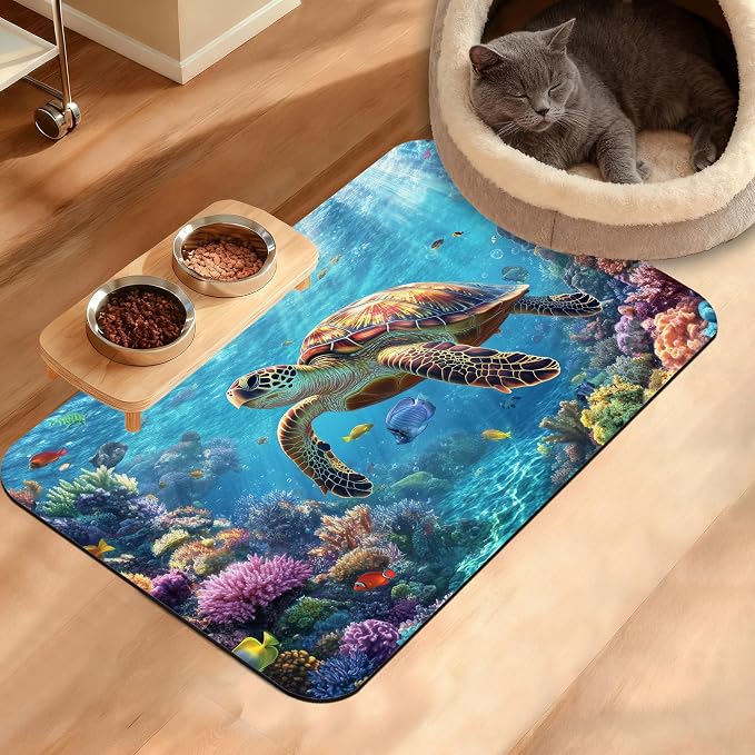 Sea Turtle Dog Cat Food Mat, Colorful Coral Absorbent Waterproof Placemat by Unknown