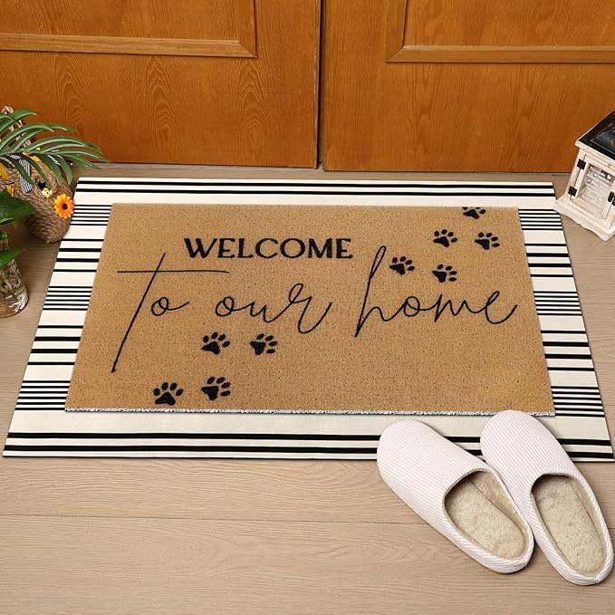 Tinideya 2 Pcs Pet Theme Door Mat Paw Welcome Non Slip Coir Mats Dog Cat Floor - Image 3