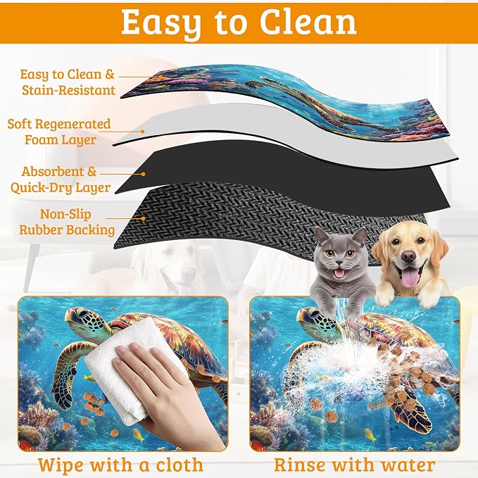 Sea Turtle Dog Cat Food Mat, Colorful Coral Absorbent Waterproof Placemat - Image 5