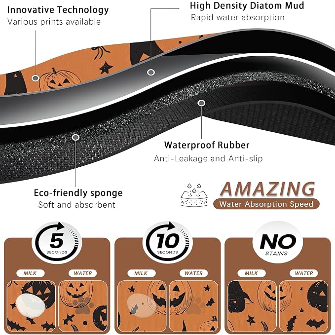 Halloween Dog Food Mat for Floors, Pumpkin Bat Absorbent Quick-Dry Pet Feeding - Image 3