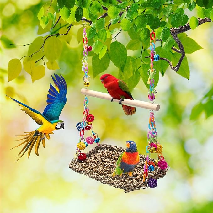 Bird Swing Mat with Wood Perch, AHIER Seagrass Bird Hammock - Image 5