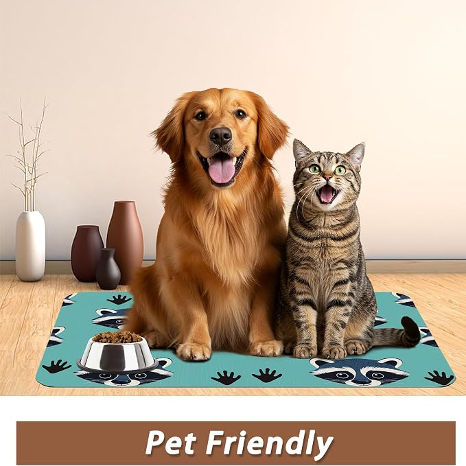 Cute Raccoon Dog Food Mat for Floors, Absorbent Pet Food and Water Bowl Mats - Image 6