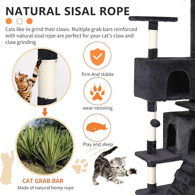 BestPet | 54" Cat Tree Tower | Dark Gray | Sturdy, Hanging Cat Toys, - Image 4