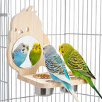 Feeder with Acrylic Mirror & Stainless Steel Bowls, Natural Wood Perch by SMICEM