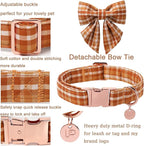Fall Plaid Dog Collar and Bow Tie Set – Brown Orange Checkered Adjustable Collar - Image 2
