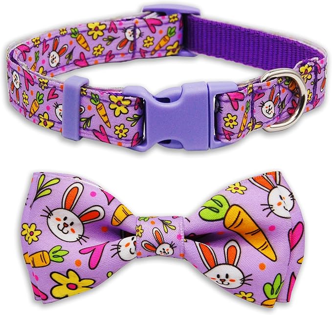 Easter Dog Collar with Bow Tie Set, Adjustable Purple Bunny and Carrot Pattern by PohshidoPet