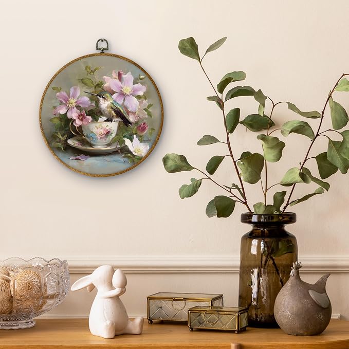 DILSJ Vintage Hummingbird Round Oval Wall Art Decor, Country Flower Bird Canvas - Image 2