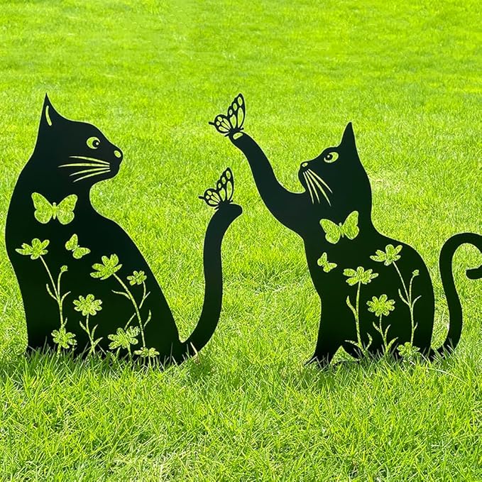 Metal Cat Garden Decor for Outside, Rust Proof Steel Kitten Decor for Kitty by Doesen