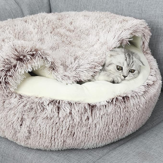 ShinHye Cat Bed Round Plush Fluffy Hooded Cat Bed Cave, Cozy - Image 4