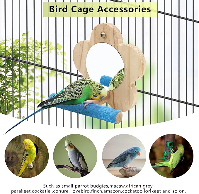 2Pcs Small Bird Mirror Parrot Swing, Wooden Parakeet Perches Flower Interactive - Image 5
