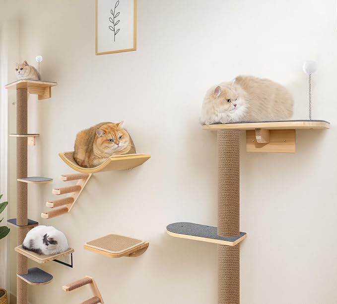 5-Tier Floor-to-Ceiling Cat Tree Tower, Upgraded Grey Felt Kittens Wall Shelves - Image 8