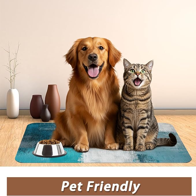 Turquoise Grey Dog Cat Food Mat, Teal Modern Art Absorbent Pet Feeding Mat - Image 6
