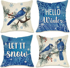 Fahrendom Hello Winter Bluebird Decorative Throw Pillow Covers 18x18 Set of 4 by Fahrendom