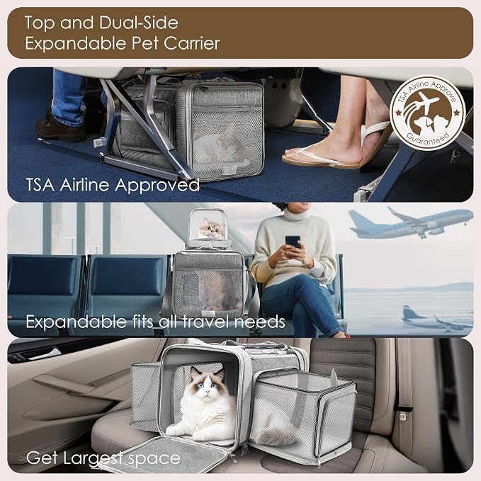 Top and 2 Sides Expandable Cat Carrier 18x11x11, TSA Airline Approved Dog - Image 2