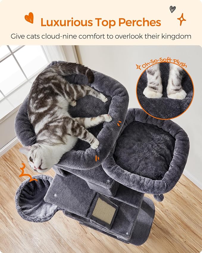 Feandrea Cat Tree, 81.1-Inch Large Cat Tower, 2 Perches, 2 Caves, Smoky Gray - Image 3