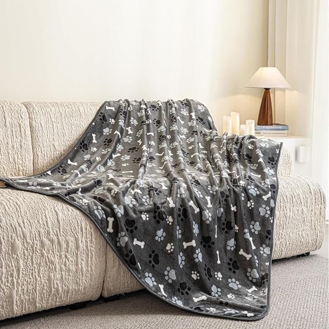 Dog Blanket Paw Bone Pattern 1 Pack 2 Super Soft Warm Flannel Sofa Cover Car - Image 2