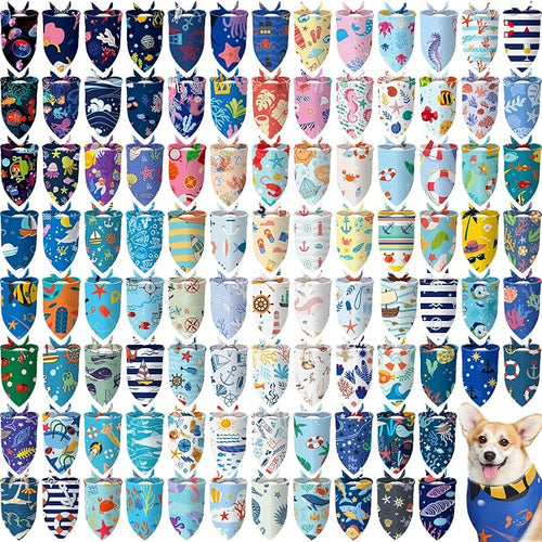 100 Pcs Ocean Dog Bandanas Bulk Pet Bibs Colorful Triangle Pet Ocean Scarf by Huhumy