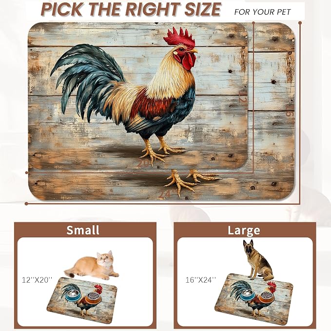 Rooster Dog Food Mat for Floors, Vintage Wood Panel Absorbent Quick-Dry Pet - Image 2