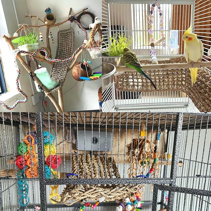 2Pcs Bird Seagrass Mat 20.5×8'' Natural Grass Woven Net Hammock Hanging on Cage - Image 3