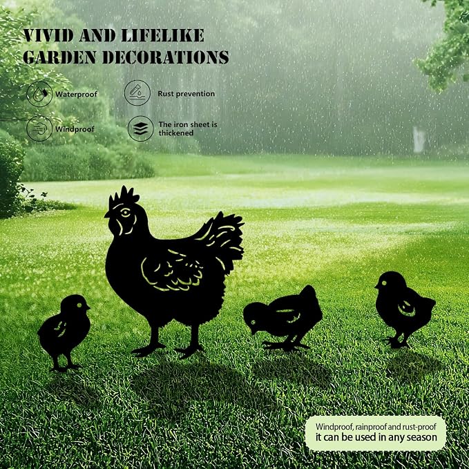 5 Pack Chicken Metal Garden Decorative Stakes, Weather Proof Silhouette Statues - Image 3